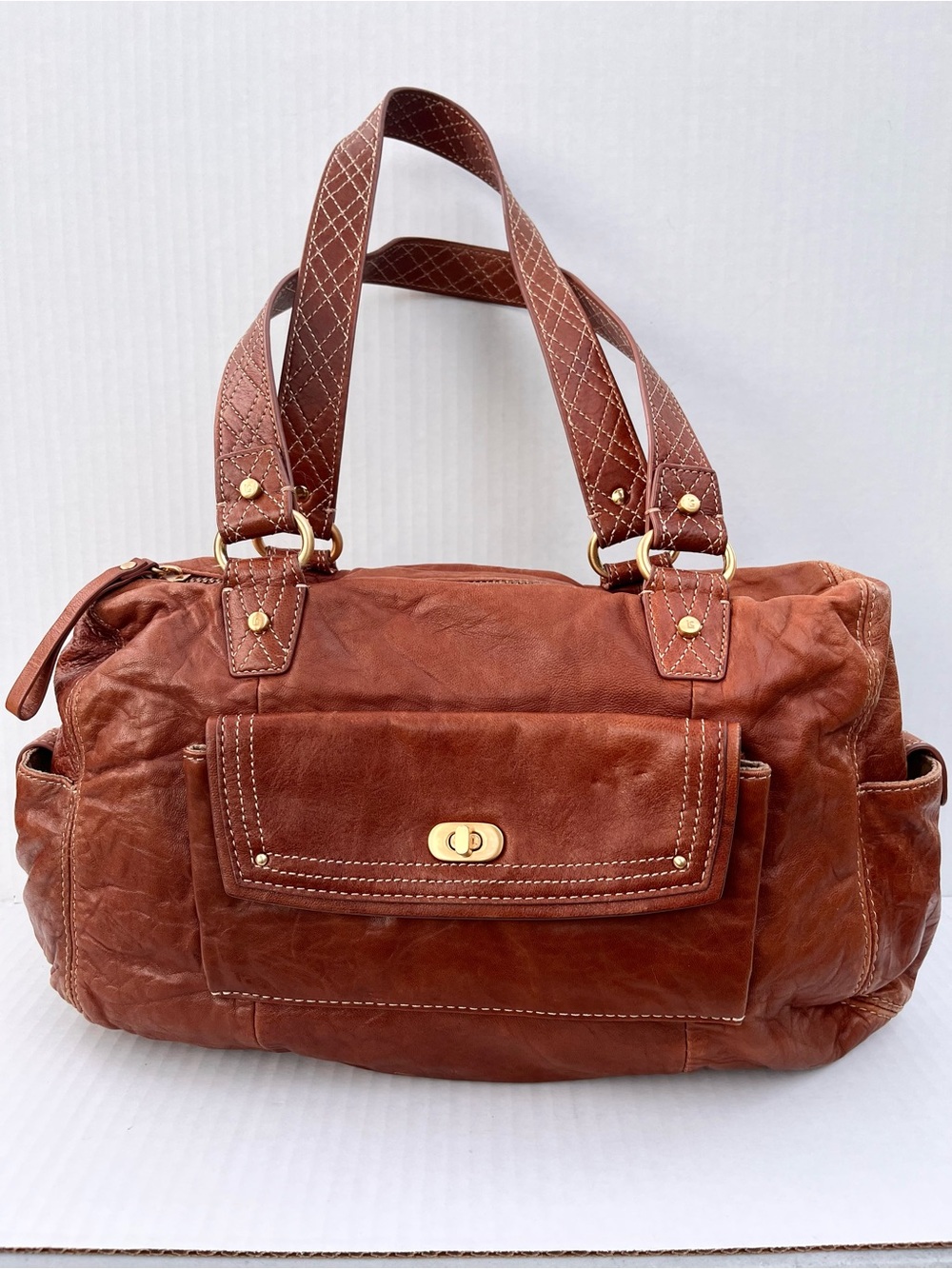 Lamb Leather Vintage Satchel Handbag in Chestnut Brown
